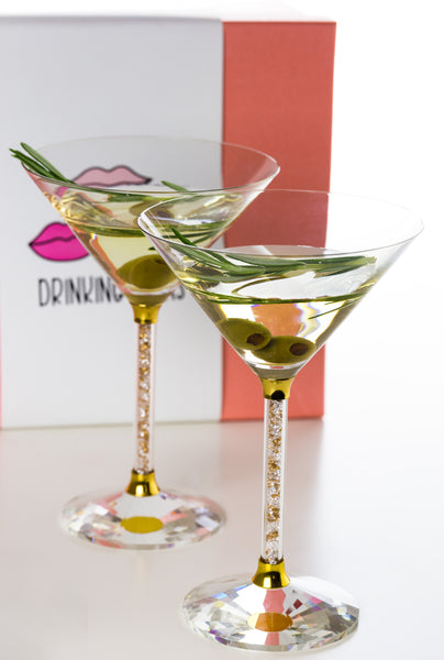 Set of 2 Martini Glasses with Gold and Clear Crystal Filled Stems –  Drinking Divas